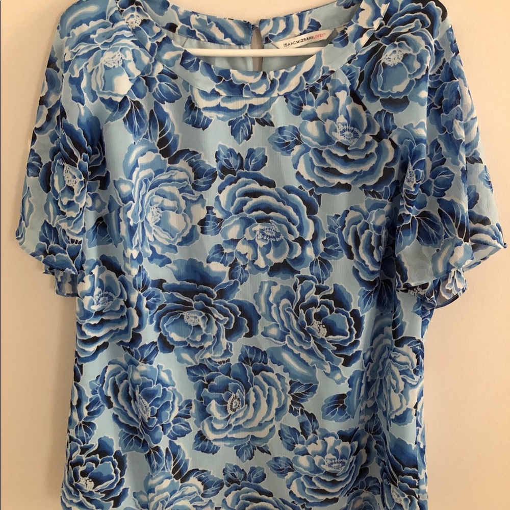 Isaac Mizrahi Live Women’s Top Lined Medium Size 10 Blue Floral QVC
